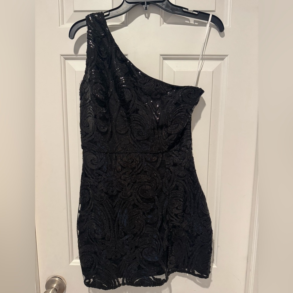 Lulu's Charcoal Sequin One-Shoulder Dress